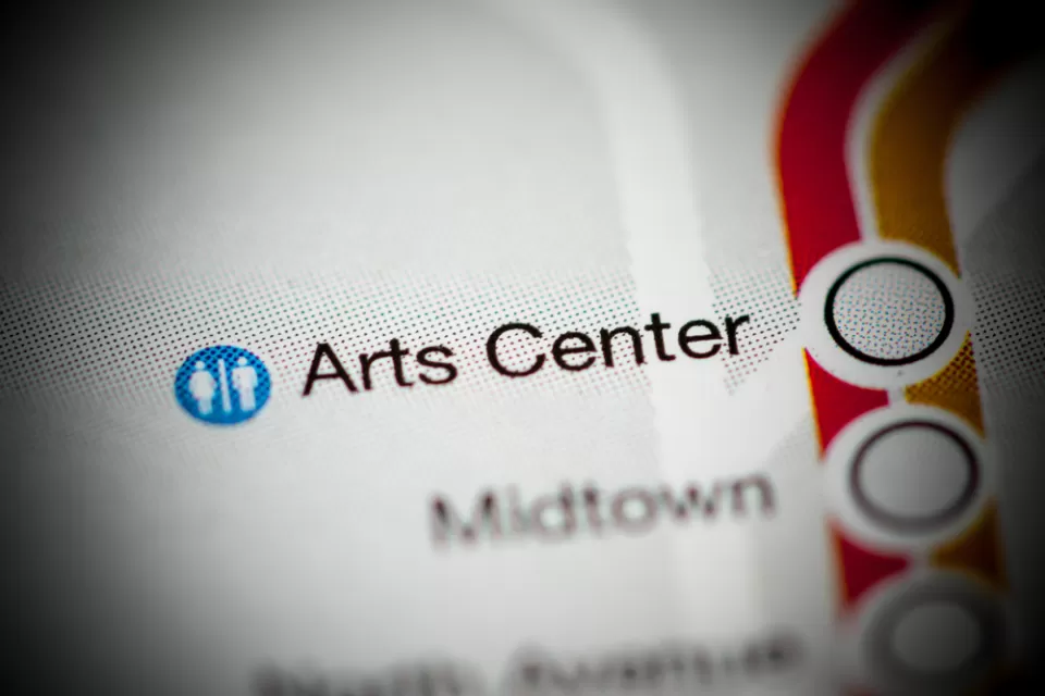 A map of the MARTA rail system highlighting the Arts Center Station.
